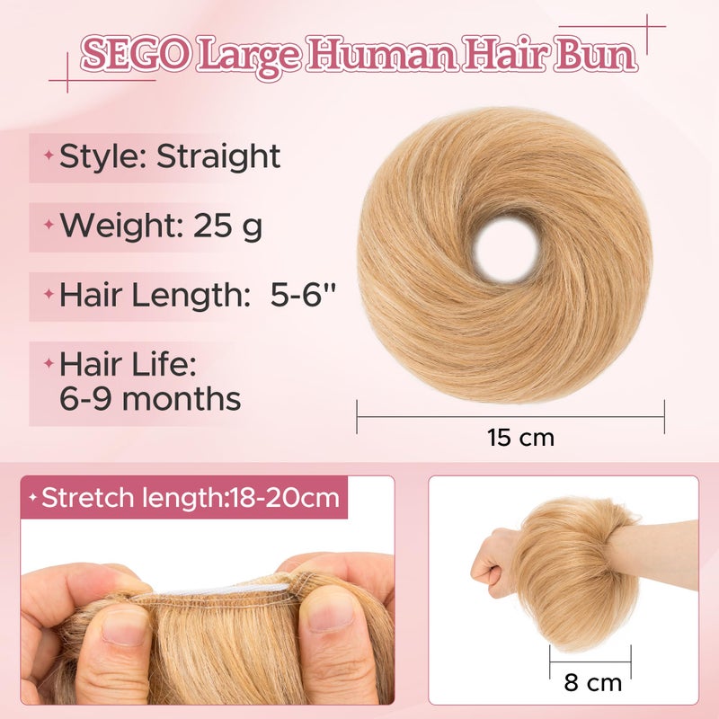 SEGO Human Hair Messy Bun Hairpieces Real Hair Bun Scrunchies 25g Natural Smoothed Tousled Updo Donut Chignon Ponytail Extensions for Women Girls-S-#12RP613R Golden Brown&Bleach Blonde - Image 3